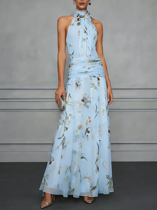 Jazlyn | Floral Halter Sleeveless Maxi Wedding Guest Dress for Specal Occasions