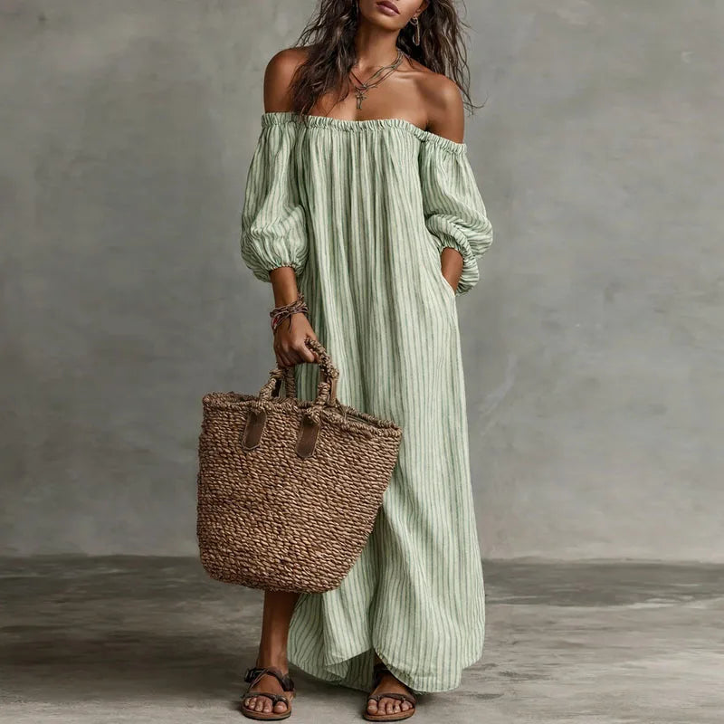 Maddi | Breathable Elegant Off Shoulder Half Puff Sleeved Maxi Dress