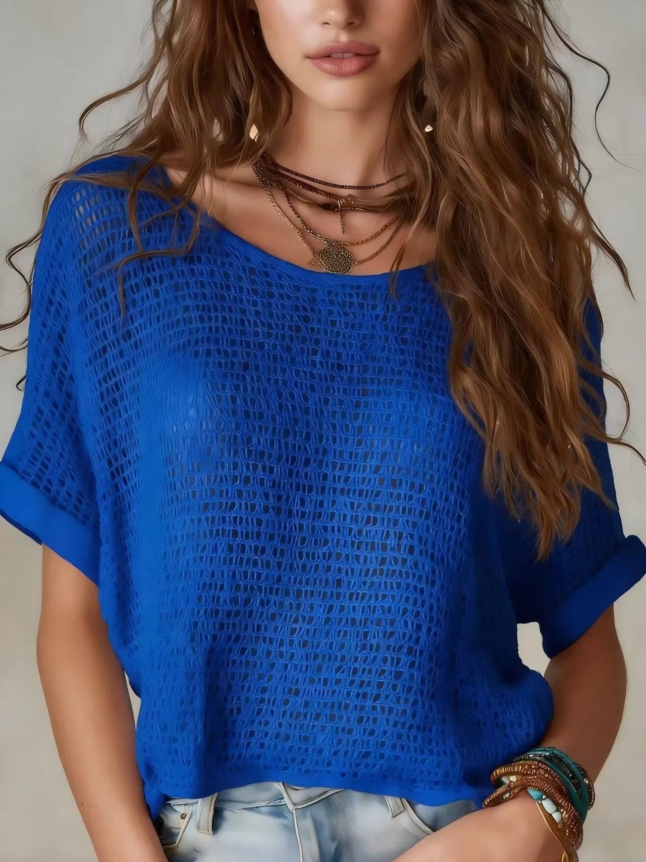 Delilah | Breatheable Short Sleeve Crochet Top with Open Knit Texture