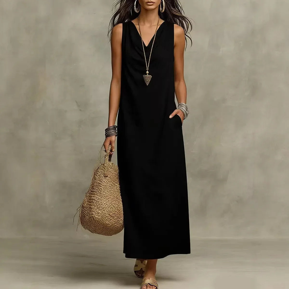 Dawson | Elegant Airy Linen V Neck Sleeveless Maxi Dress for Summer Time