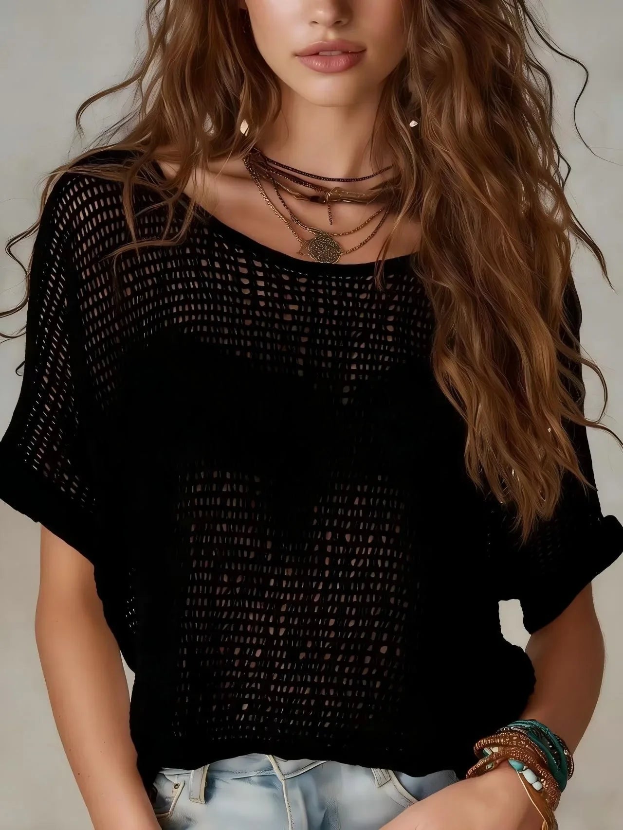 Delilah | Breatheable Short Sleeve Crochet Top with Open Knit Texture