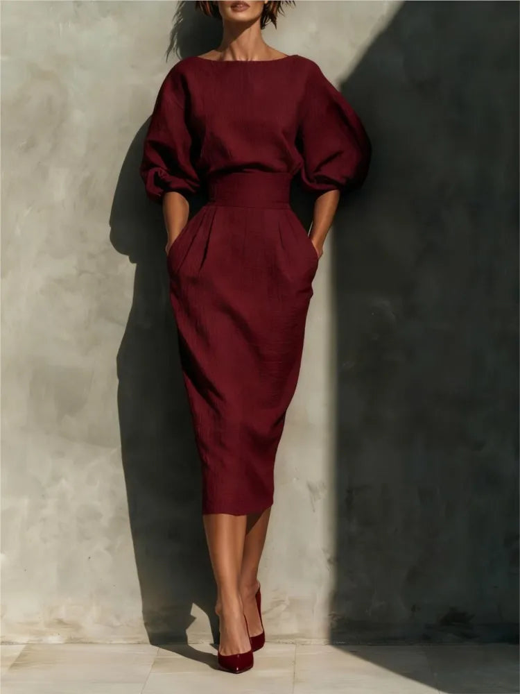 Bailey | Women's Elegant Half Sleeve Linen Pleated Midi Dress