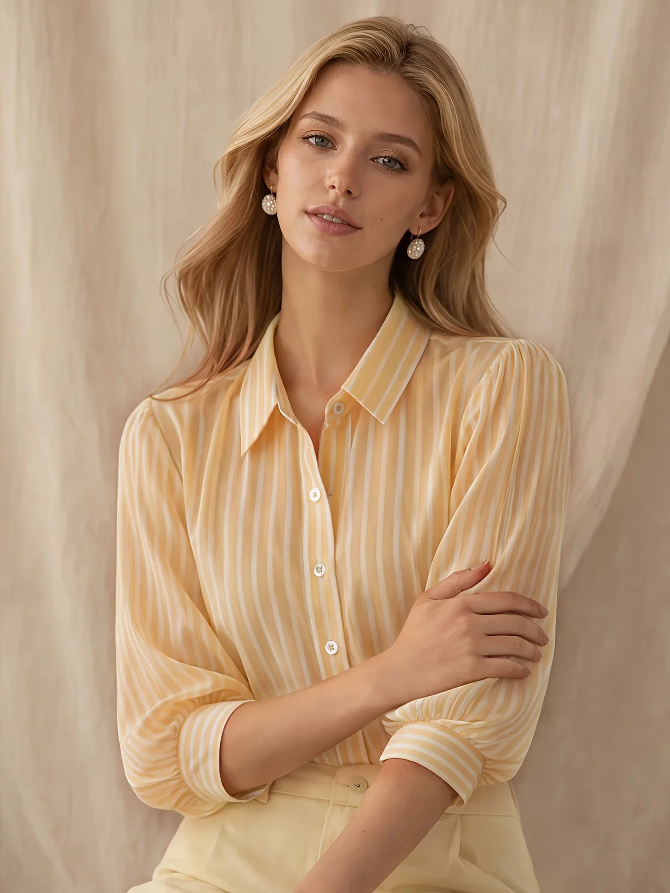 Rosalinda | Classy Striped Puff Sleeved Button Down Shirt for Everyday