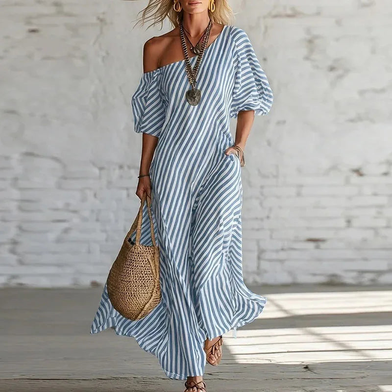 Sian | Breathable One Shoulder Puff Half Sleeve Boho Dress
