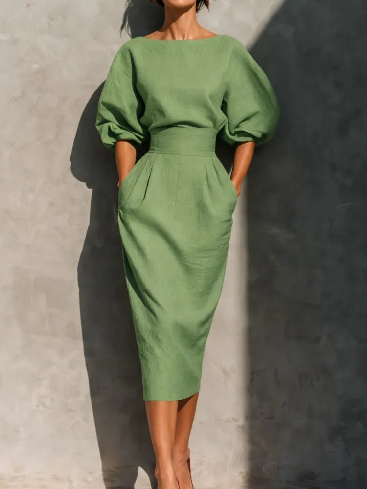 Bailey | Women's Elegant Half Sleeve Linen Pleated Midi Dress