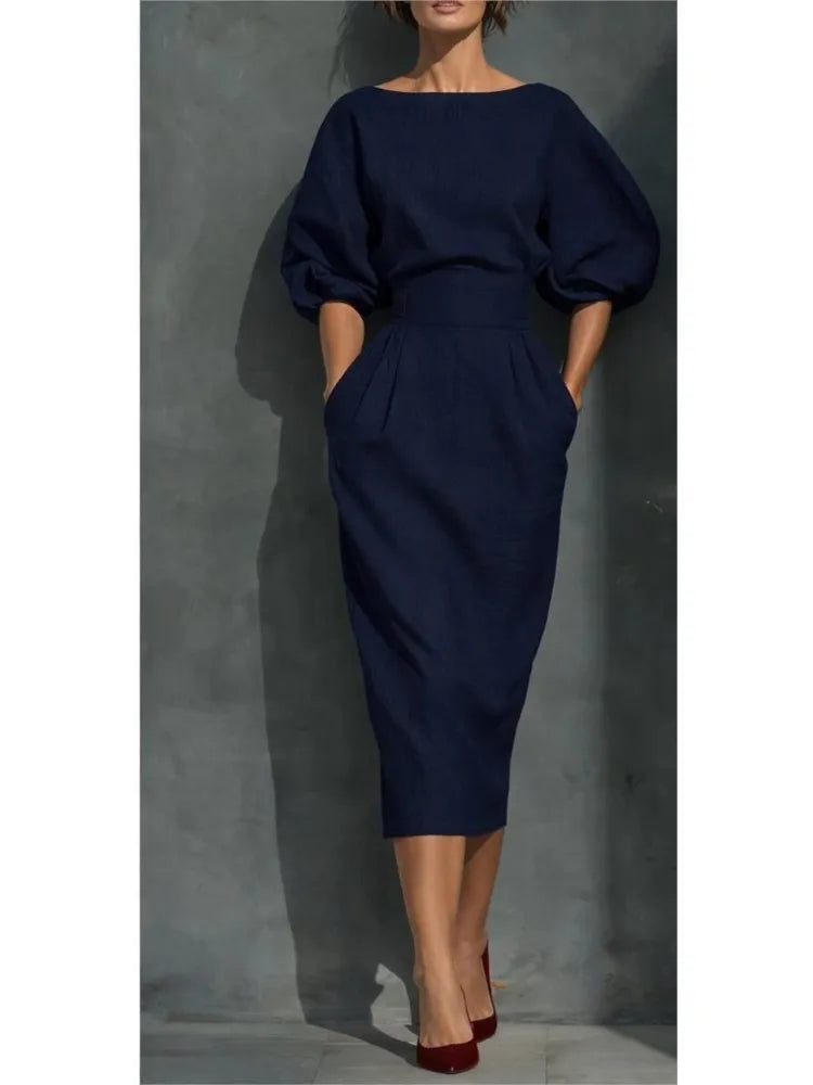 Bailey | Women's Elegant Half Sleeve Linen Pleated Midi Dress
