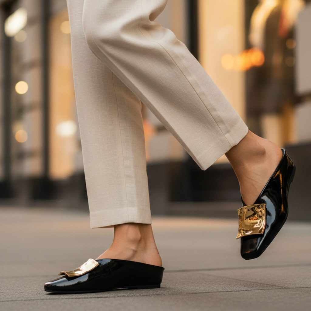 Cornelia | Polished Square Toe Leather Flat Mules with Metal Buckles