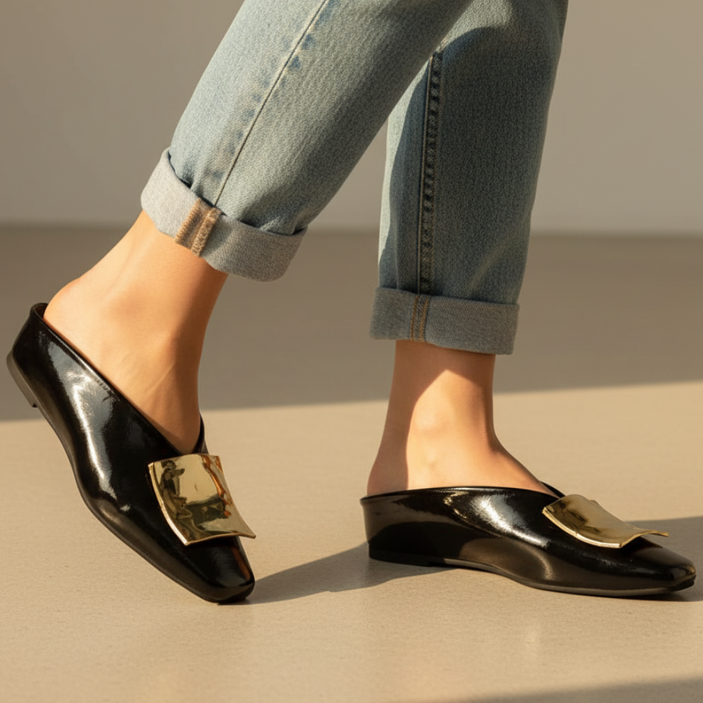 Cornelia | Polished Square Toe Leather Flat Mules with Metal Buckles