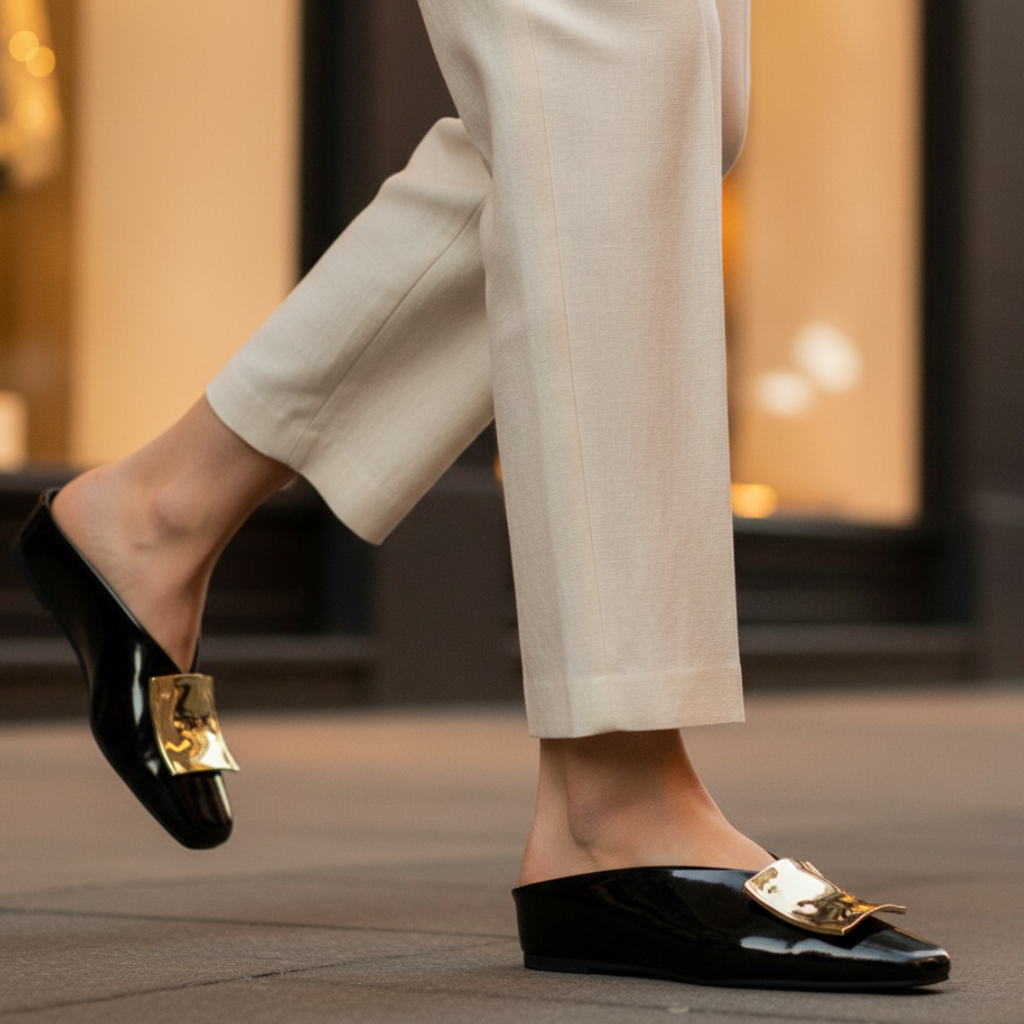 Cornelia | Polished Square Toe Leather Flat Mules with Metal Buckles