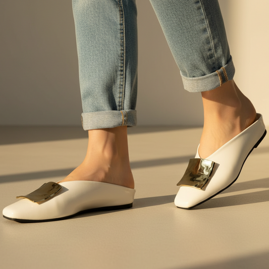 Cornelia | Polished Square Toe Leather Flat Mules with Metal Buckles