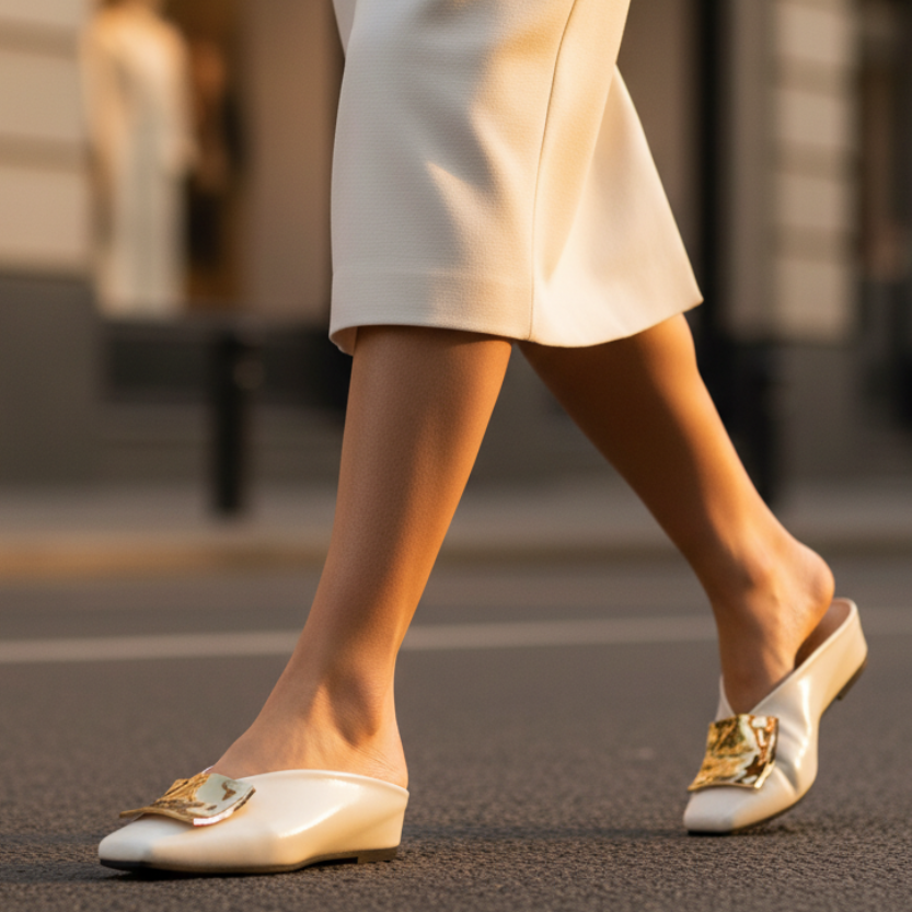 Cornelia | Polished Square Toe Leather Flat Mules with Metal Buckles