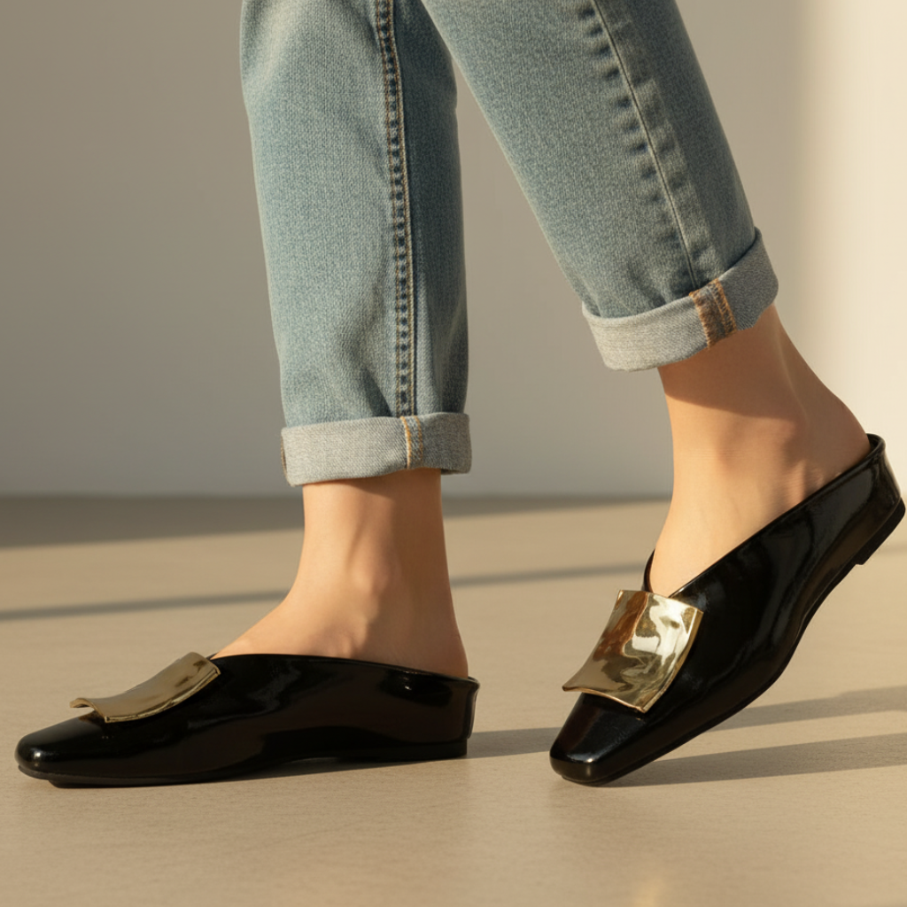 Cornelia | Polished Square Toe Leather Flat Mules with Metal Buckles