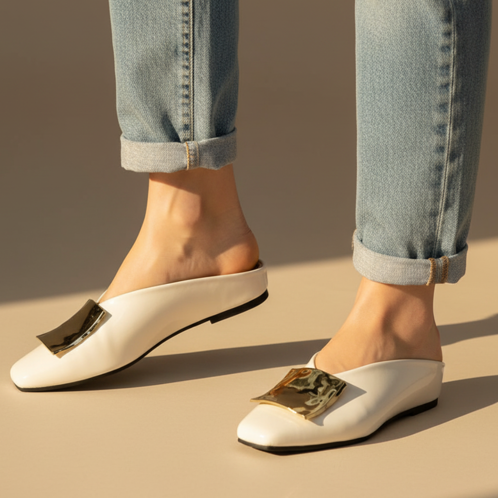 Cornelia | Polished Square Toe Leather Flat Mules with Metal Buckles