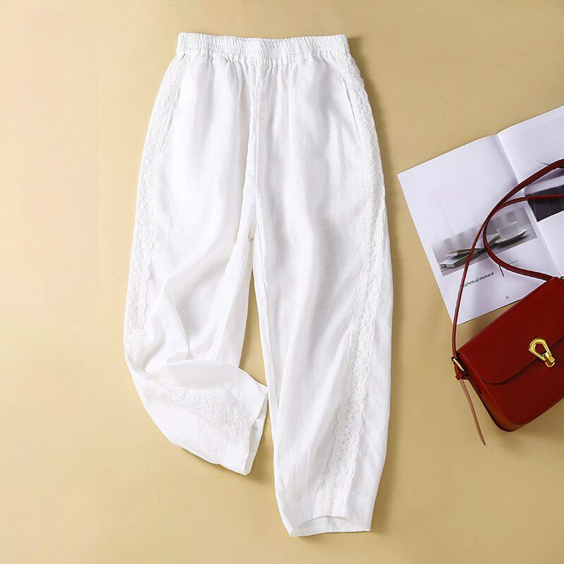 Elise | Airy Tapered Cotton-Linen Pants with Retro Embroidery