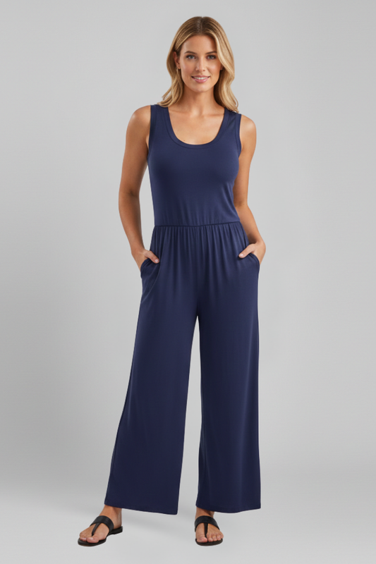 Emma | Women's Relaxed Round Neck Wide Leg Jumpsuit with Elastic Waist