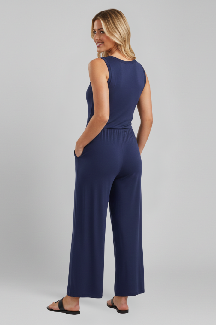 Emma | Women's Relaxed Round Neck Wide Leg Jumpsuit with Elastic Waist
