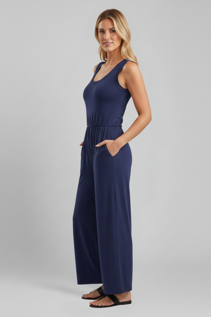 Emma | Women's Relaxed Round Neck Wide Leg Jumpsuit with Elastic Waist