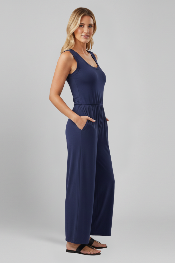 Emma | Women's Relaxed Round Neck Wide Leg Jumpsuit with Elastic Waist