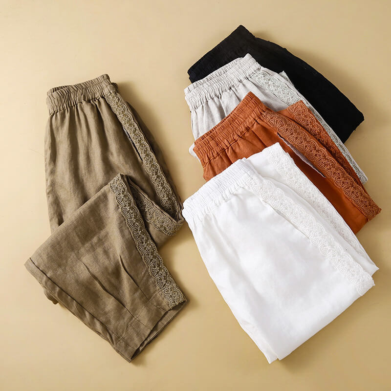 Elise | Airy Tapered Cotton-Linen Pants with Retro Embroidery