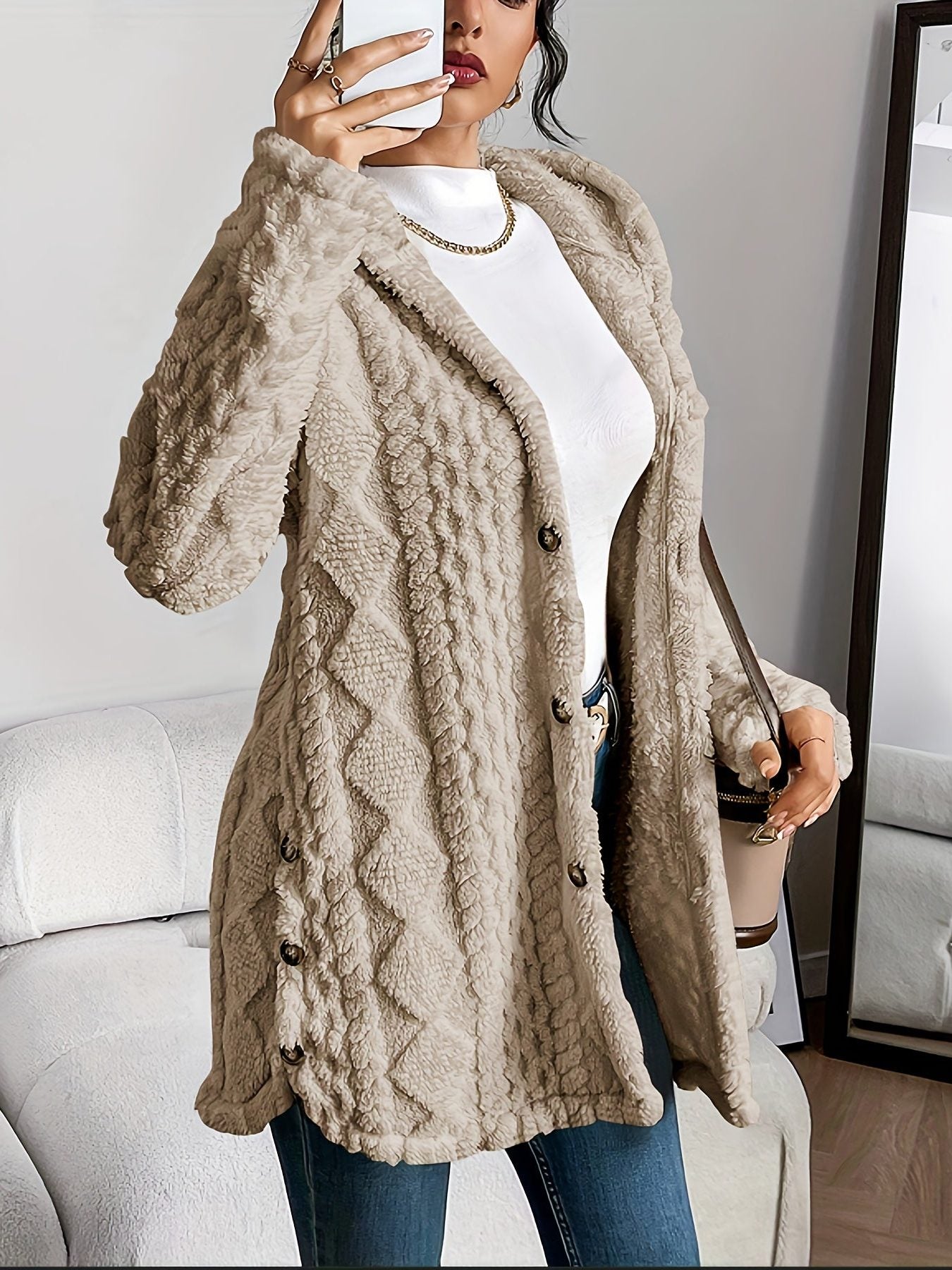 Erin | Cozy Oversized Fleece Hooded Cardigan with Button Front