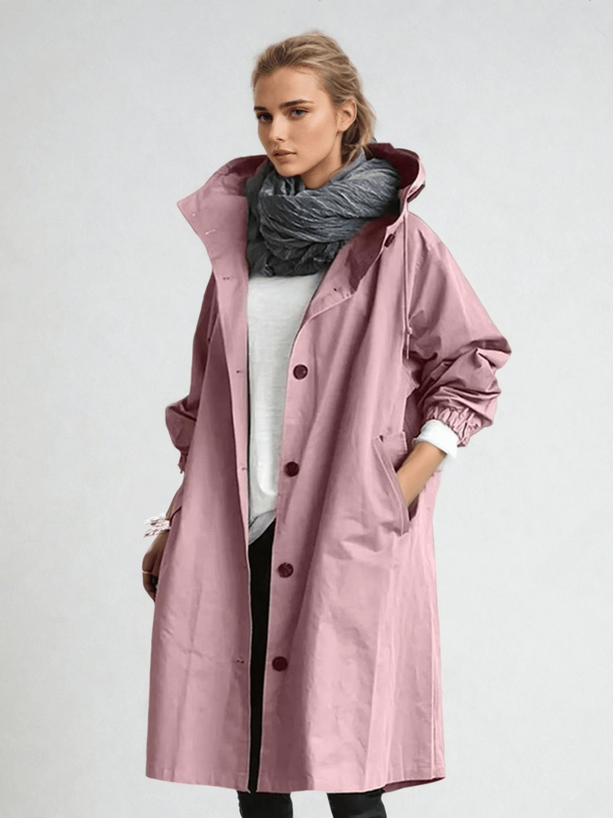 Tamora | Minimalist Oversized Hooded Trench Coat with Button Front