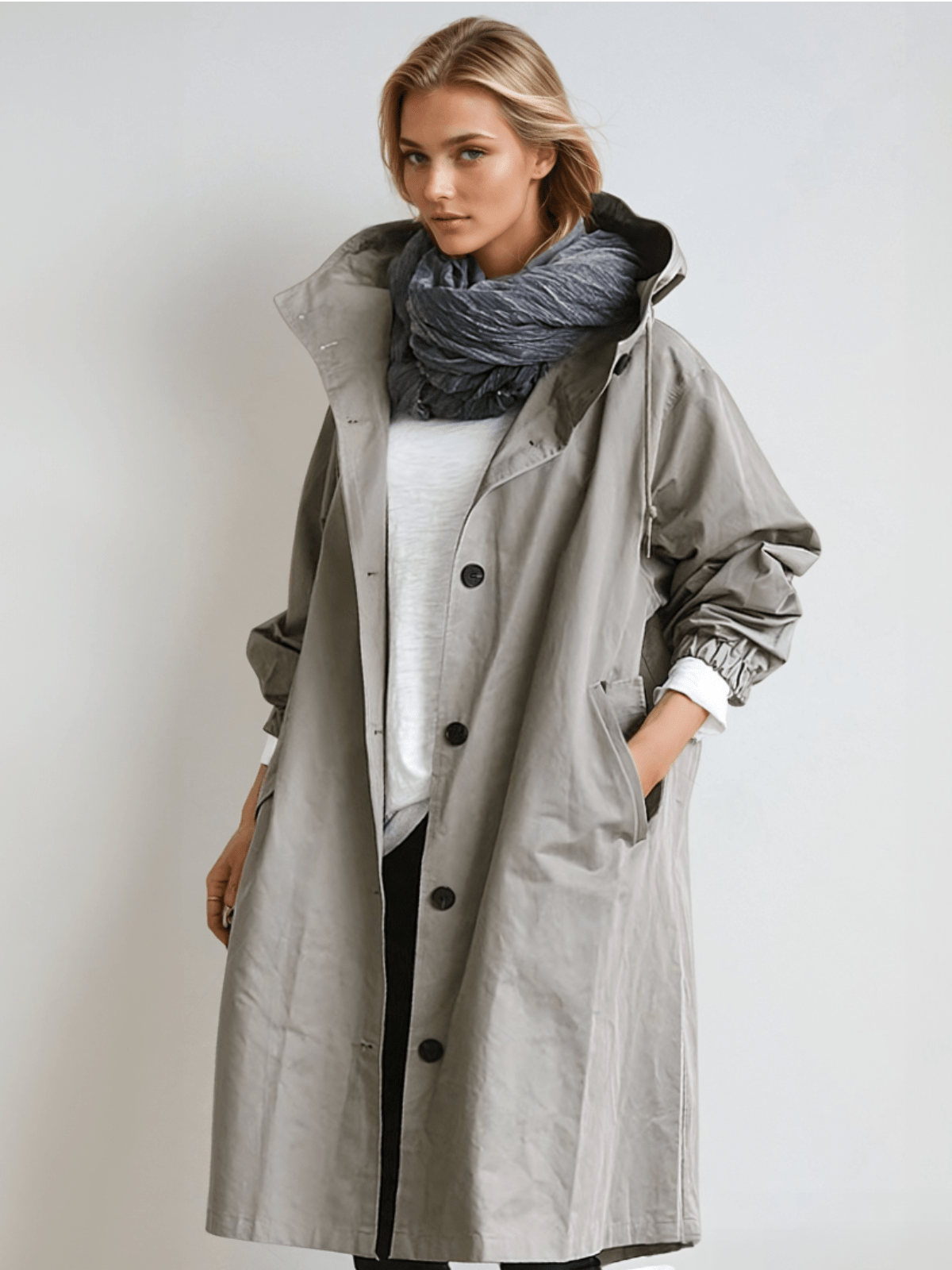 Tamora | Minimalist Oversized Hooded Trench Coat with Button Front