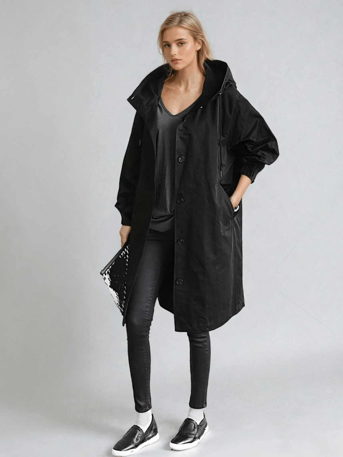 Tamora | Minimalist Oversized Hooded Trench Coat with Button Front