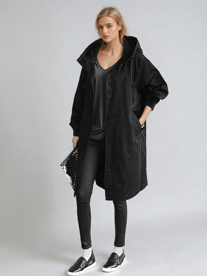 Tamora | Minimalist Oversized Hooded Trench Coat with Button Front