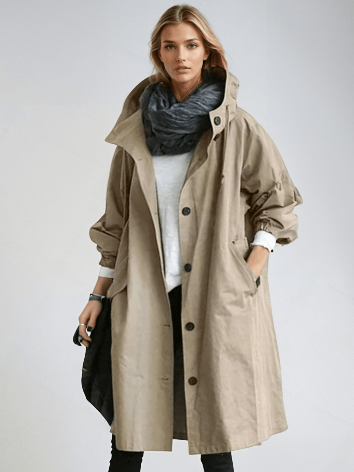 Tamora | Minimalist Oversized Hooded Trench Coat with Button Front